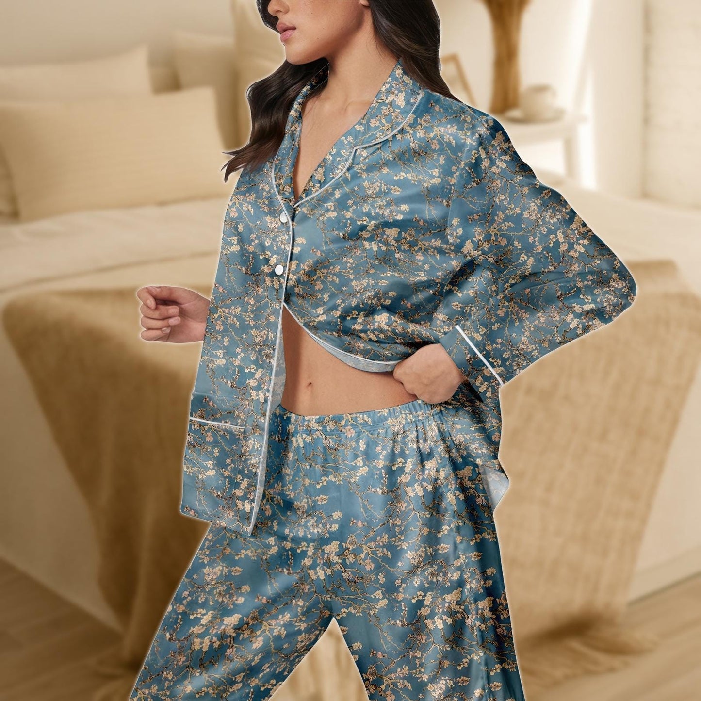 Blossom Satin Pajama Set for Women, Teal and Gold Floral Sleepwear, Van Gogh Inspired Long Sleeve PJs, Silky Elegant Loungewear