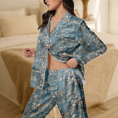 Blossom Satin Pajama Set for Women, Teal and Gold Floral Sleepwear, Van Gogh Inspired Long Sleeve PJs, Silky Elegant Loungewear