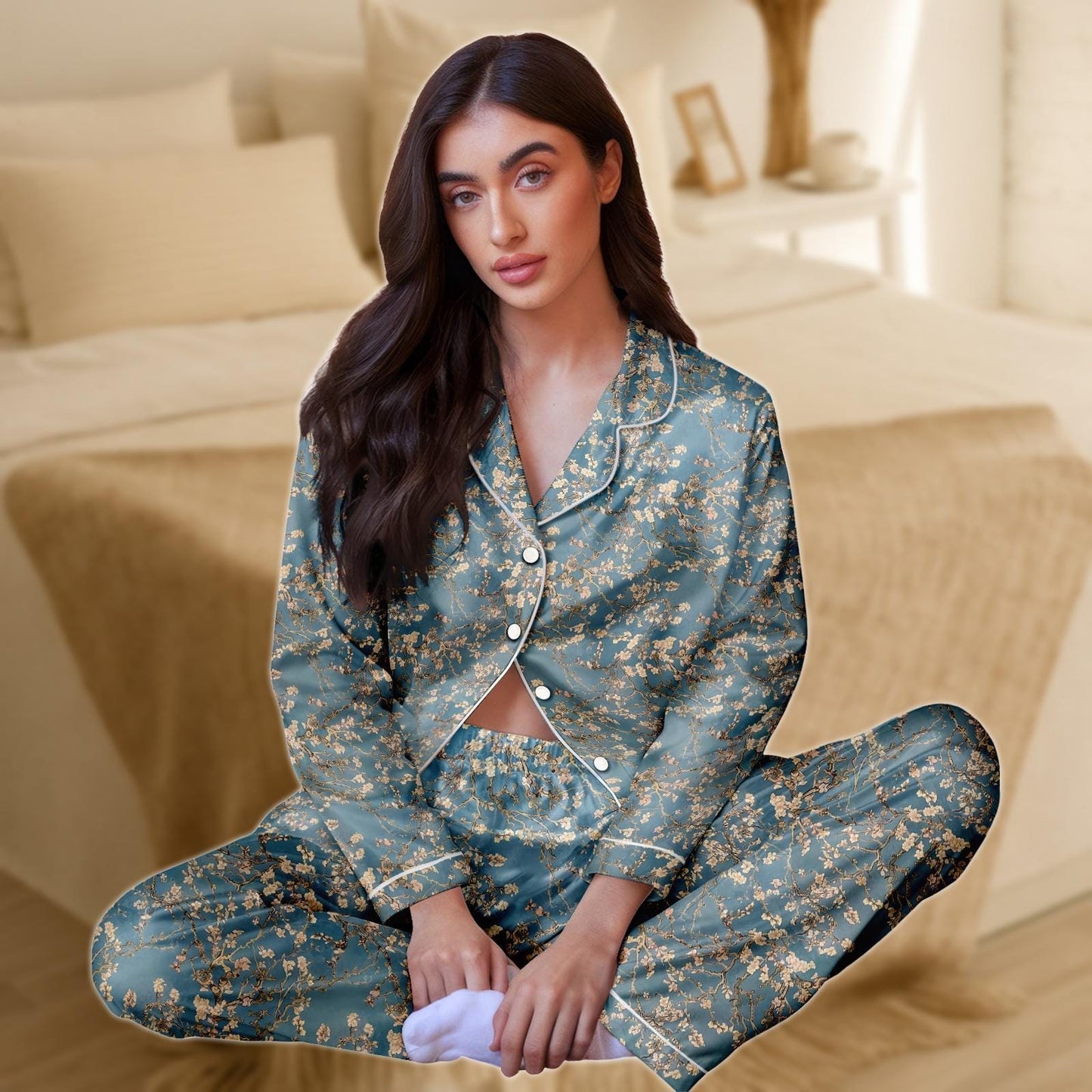 Blossom Satin Pajama Set for Women, Teal and Gold Floral Sleepwear, Van Gogh Inspired Long Sleeve PJs, Silky Elegant Loungewear