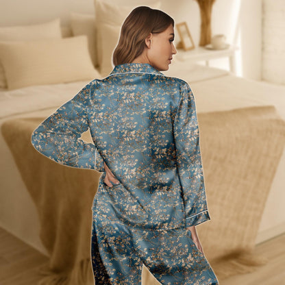 Blossom Satin Pajama Set for Women, Teal and Gold Floral Sleepwear, Van Gogh Inspired Long Sleeve PJs, Silky Elegant Loungewear