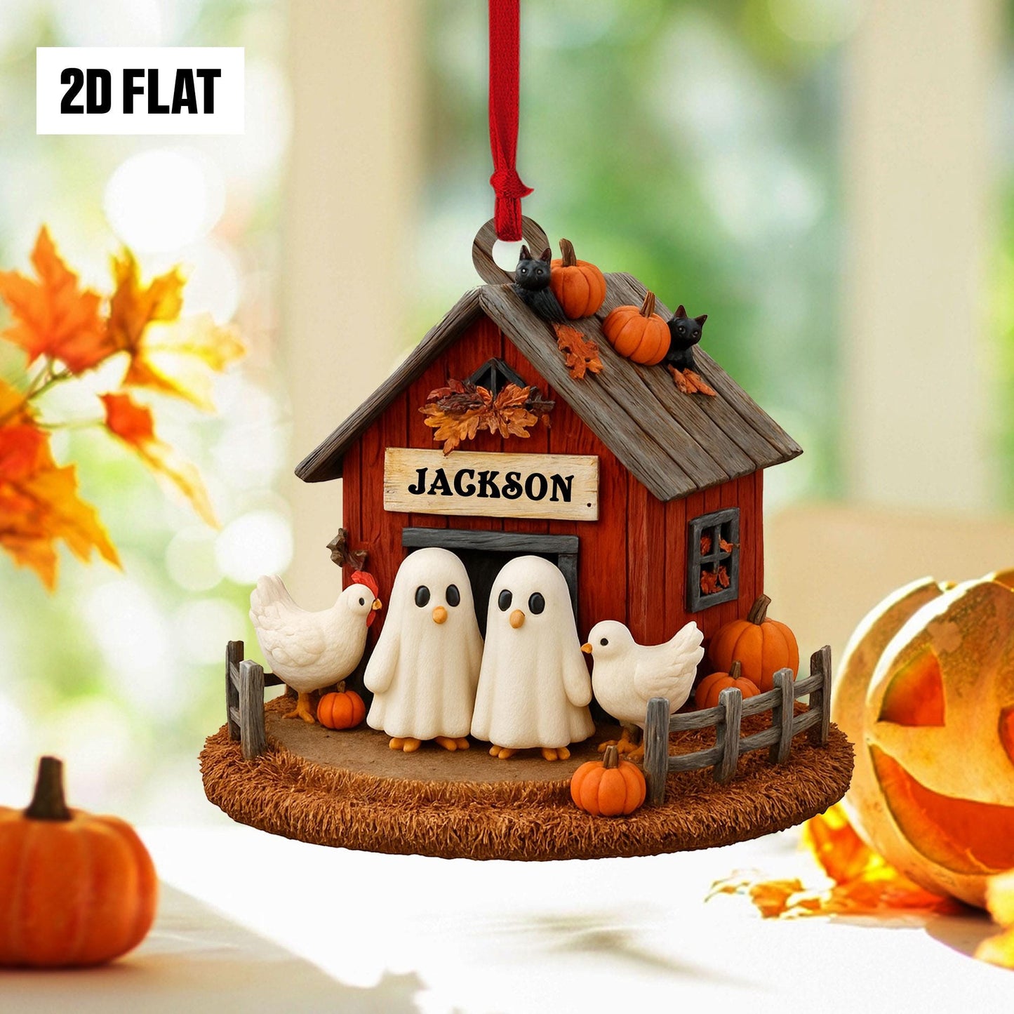 Personalized Halloween Chicken Coop 2D Flat Acrylic Ornament, Ghost Chicken Ornament, Cute Ghost Farmhouse Fall Decor , Halloween Gift