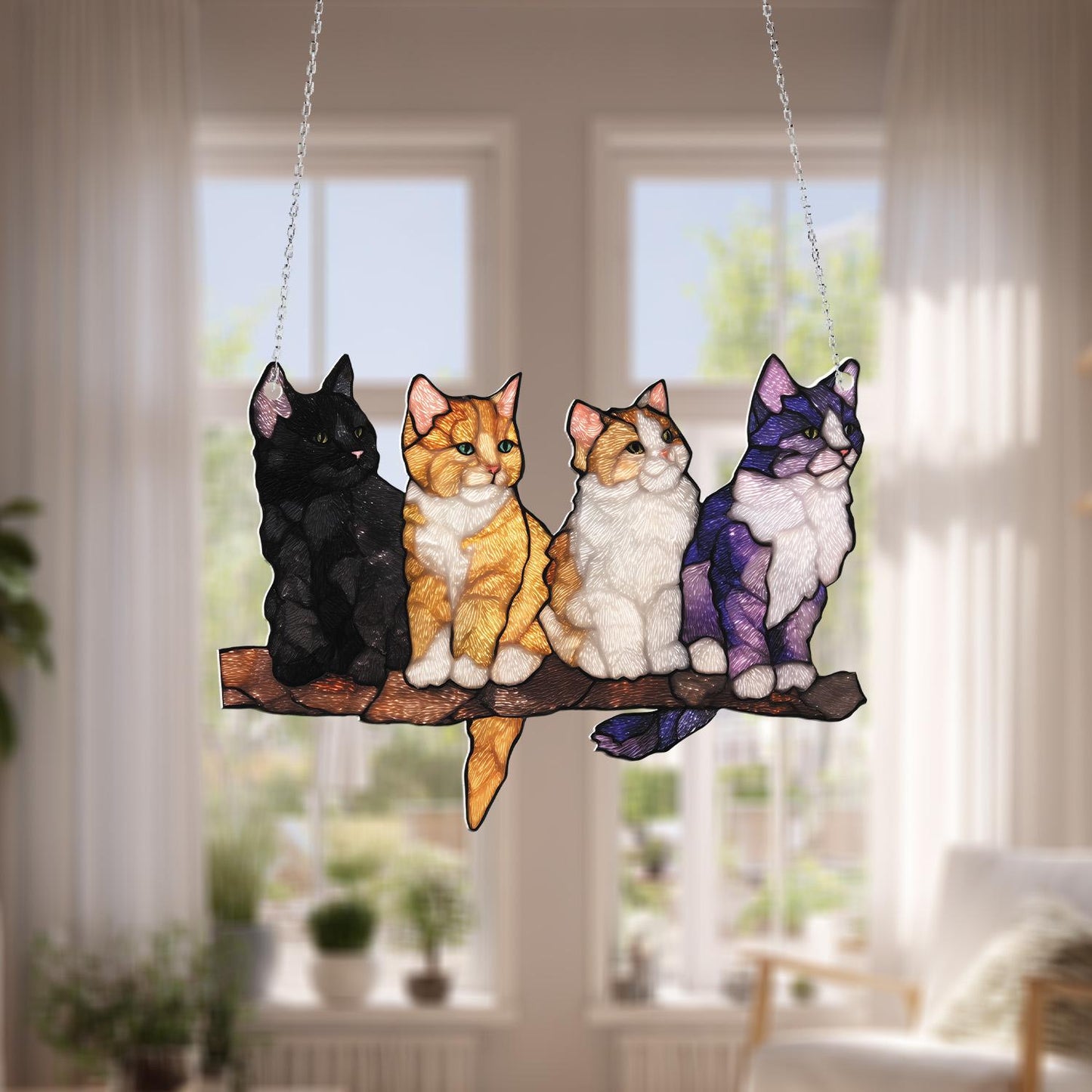 Window Hanging Cat Art, Stained Glass Style, Home Décor, Animal Lovers, Colorful Cats, Tree Branch Hanging, Cat Lovers Gift, Cozy Window