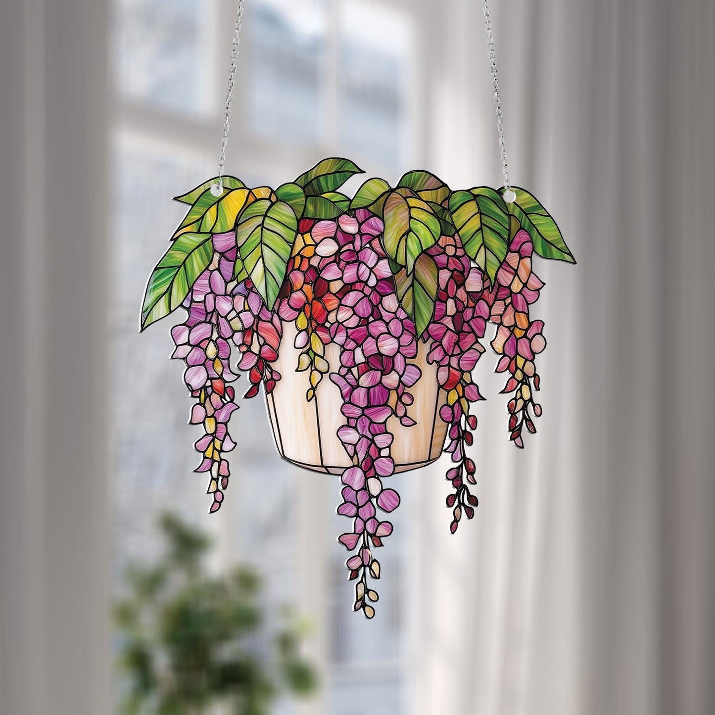 Vibrant Wisteria Flower Pot Window Hanging, Handcrafted Nature Decor for Elegant Home and Garden Spaces