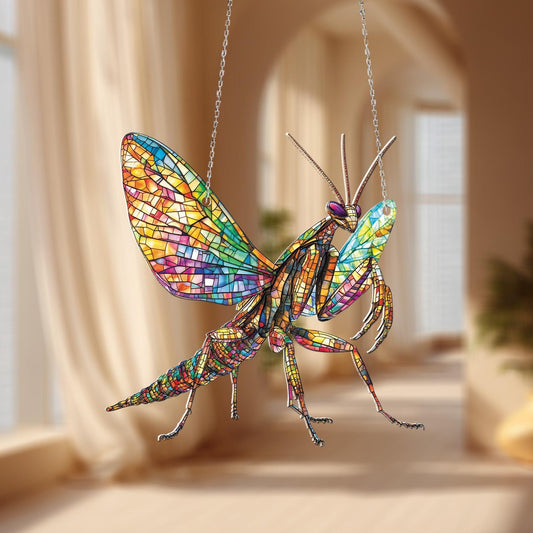 Vibrant Mantis Window Hanging Ornament, Handcrafted Stained Glass-Inspired Bug Decor, Colorful Home Accent, Insect Art Piece