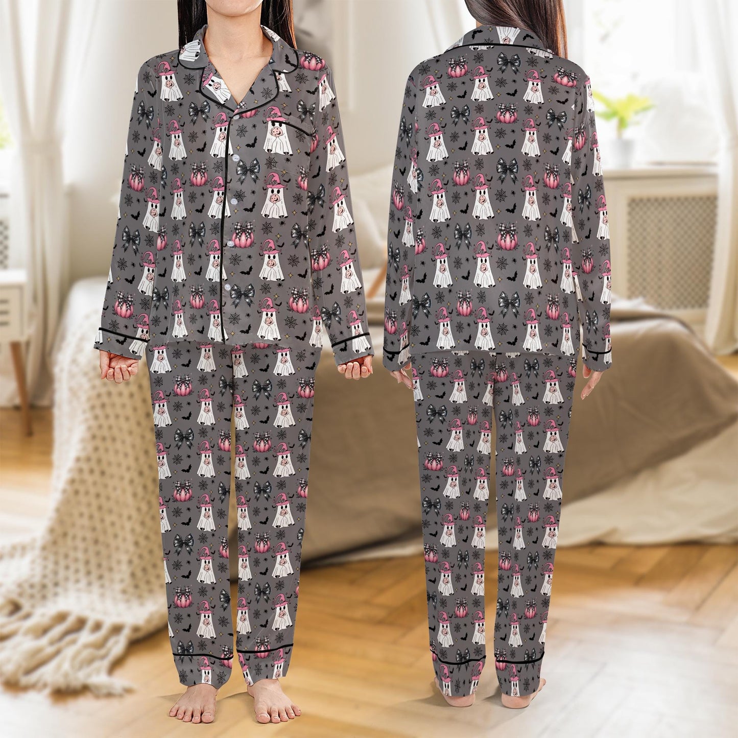 Pink Boo Ghost Halloween Pajama Set, Coquette Halloween Satin Pajama Set, Spooky Season Sleepwear, Trick Or Treat Matching Halloween PJs