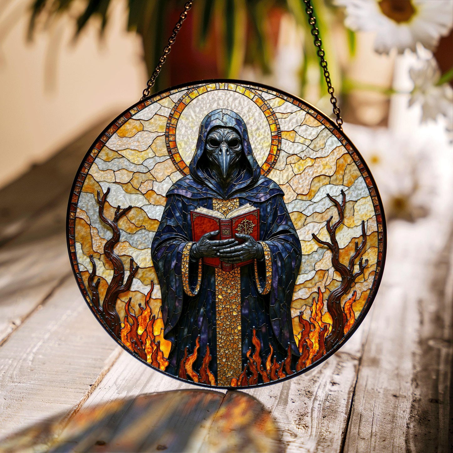 suncatcher stained glass style grim reaper figure with flames and halo Halloween gift gothic decor