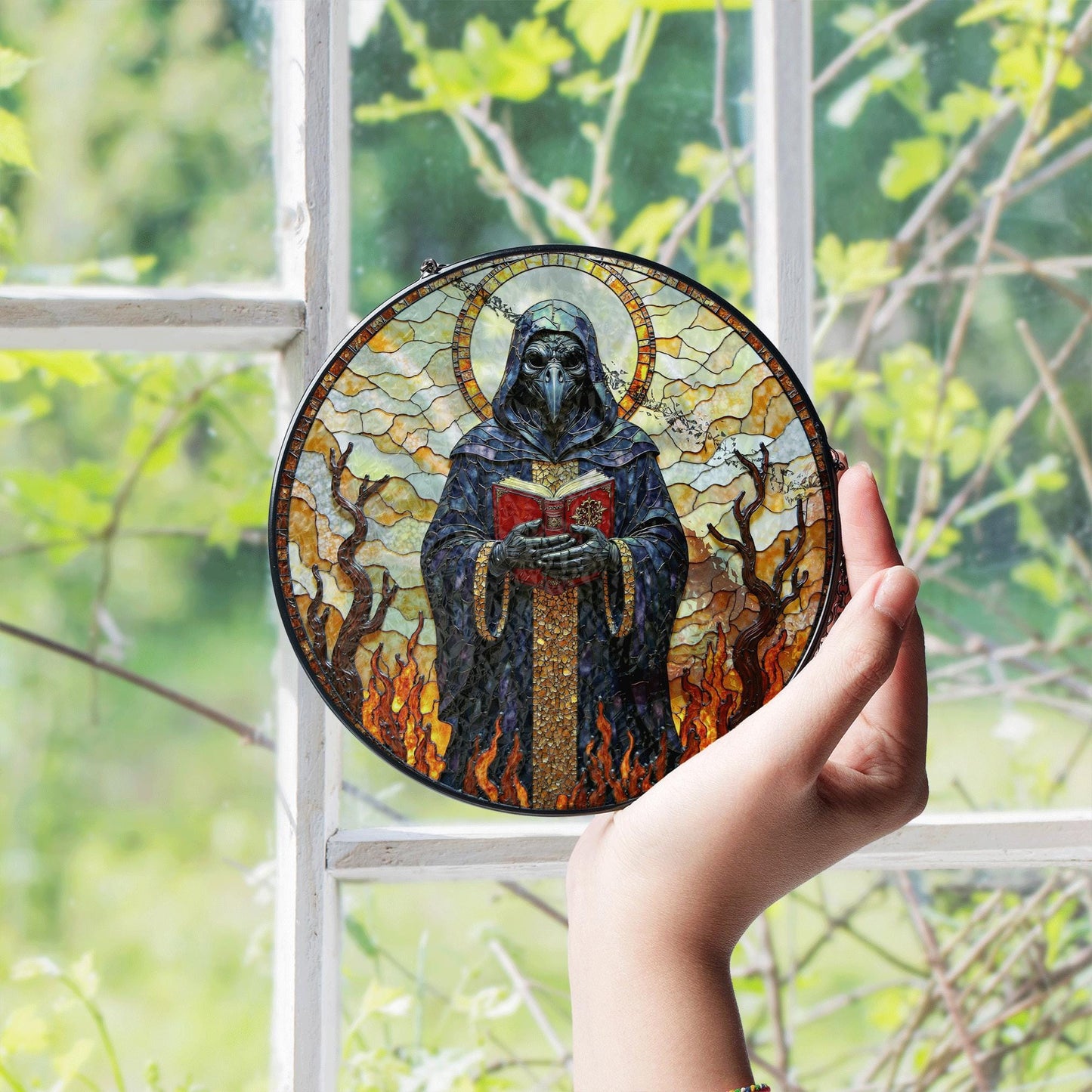 suncatcher stained glass style grim reaper figure with flames and halo Halloween gift gothic decor
