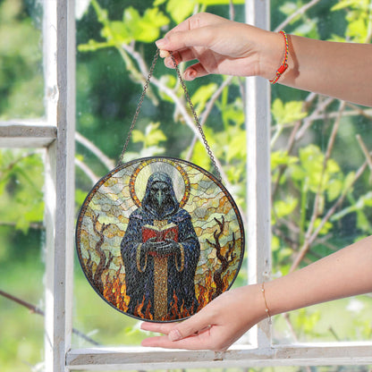 suncatcher stained glass style grim reaper figure with flames and halo Halloween gift gothic decor