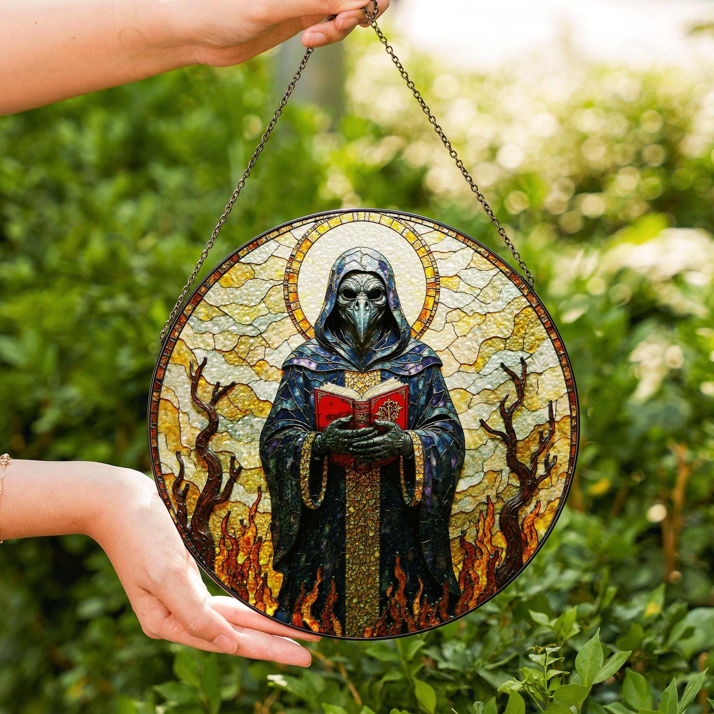 suncatcher stained glass style grim reaper figure with flames and halo Halloween gift gothic decor