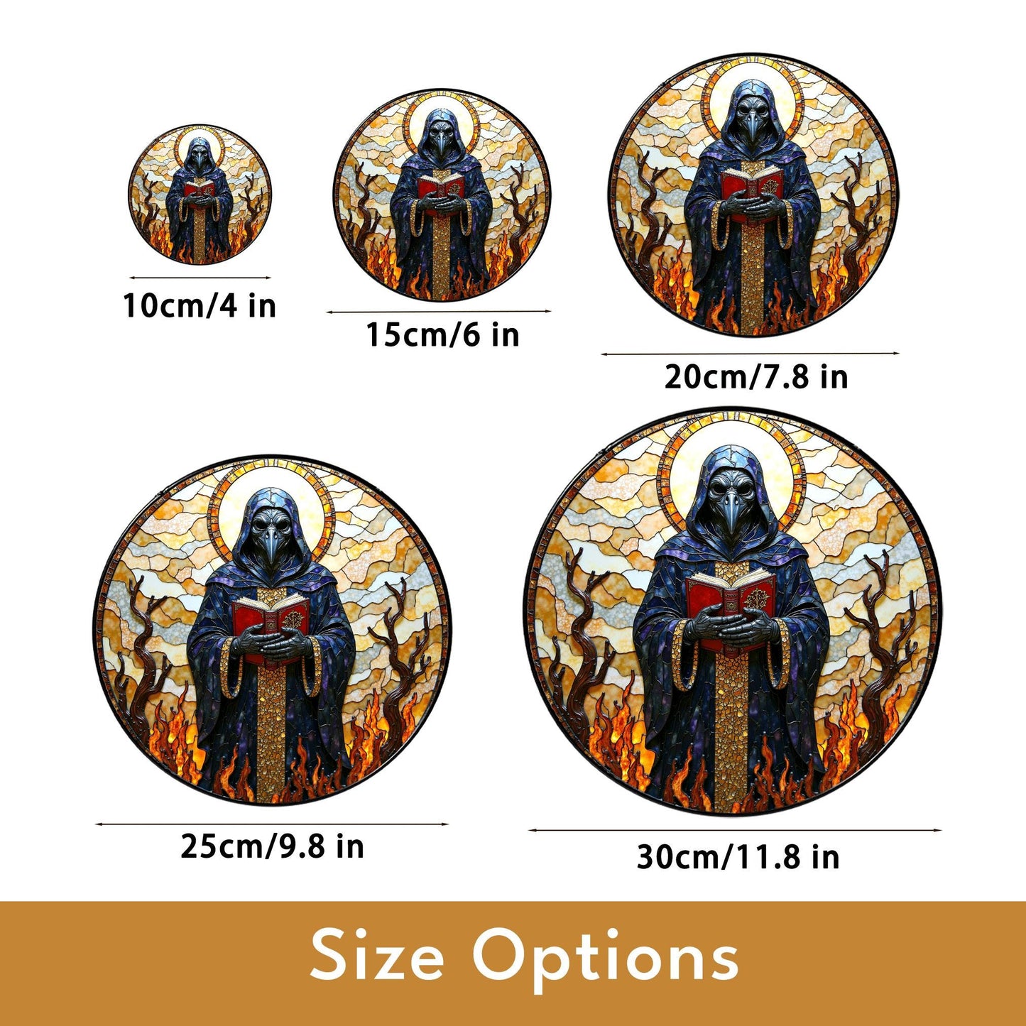 suncatcher stained glass style grim reaper figure with flames and halo Halloween gift gothic decor