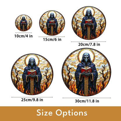 suncatcher stained glass style grim reaper figure with flames and halo Halloween gift gothic decor