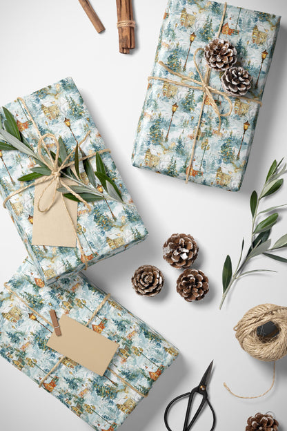 Christmas Wrapping Paper Roll with Village Design, Snowy House Gift Wrap for Holiday Presents #7