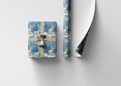 Christmas Village Scene Wrapping Paper Roll, Winter Holiday Gift Wrap with Snowy Buildings #9