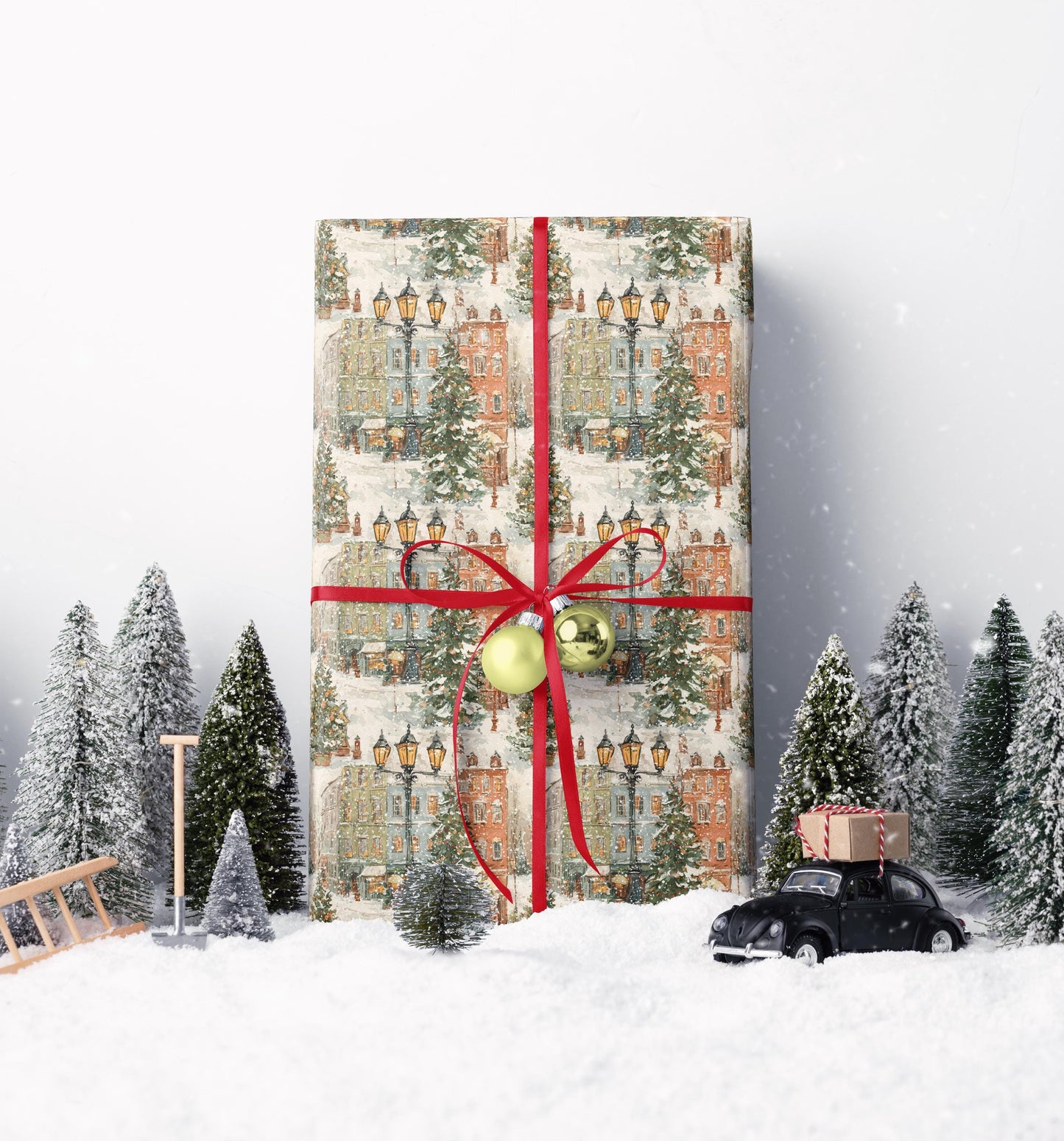 Premium Christmas Wrapping Paper Roll, Holiday Village Houses and Winter Snow Design #24
