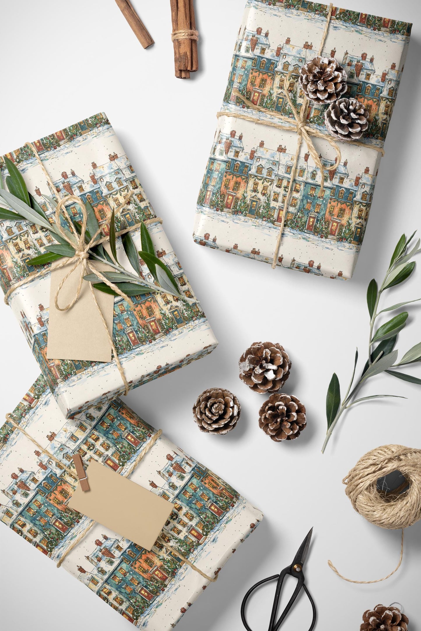 Holiday Wrapping Paper Roll with Christmas Village Design, Snowy House Gift Wrap for Winter Packaging #3