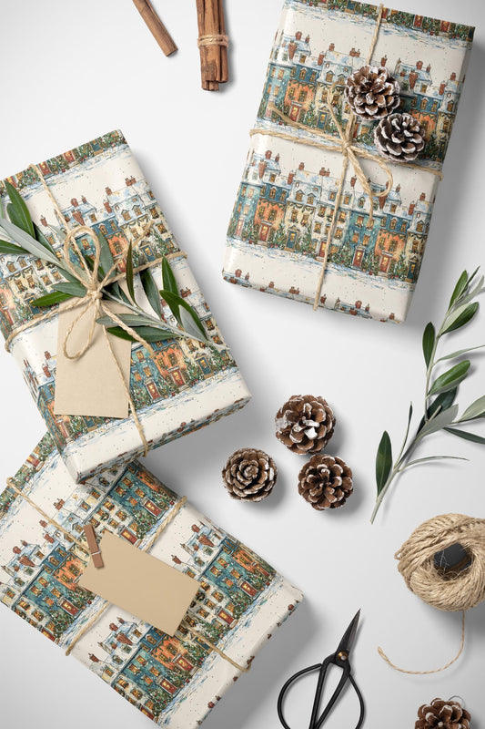 Holiday Wrapping Paper Roll with Christmas Village Design, Snowy House Gift Wrap for Winter Packaging #3