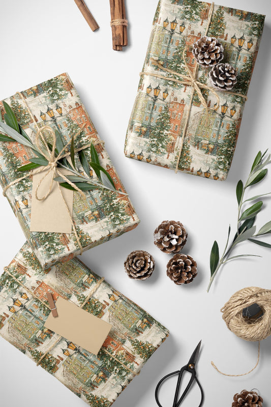 Premium Christmas Wrapping Paper Roll, Holiday Village Houses and Winter Snow Design #24