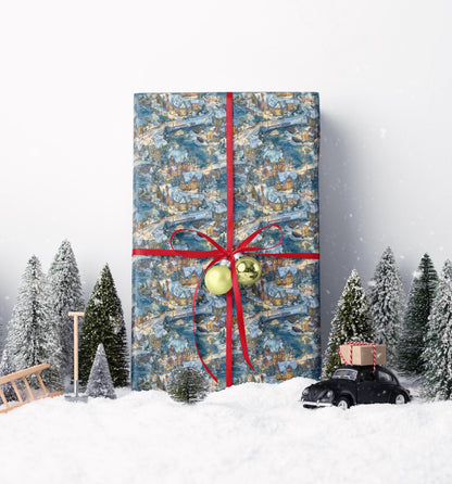 Holiday Wrapping Paper Roll with Snowy Village Homes and Christmas Lights #21