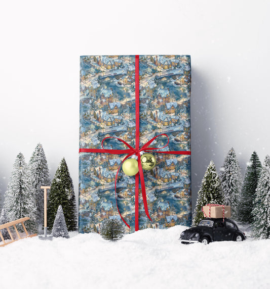 Holiday Wrapping Paper Roll with Snowy Village Homes and Christmas Lights #21
