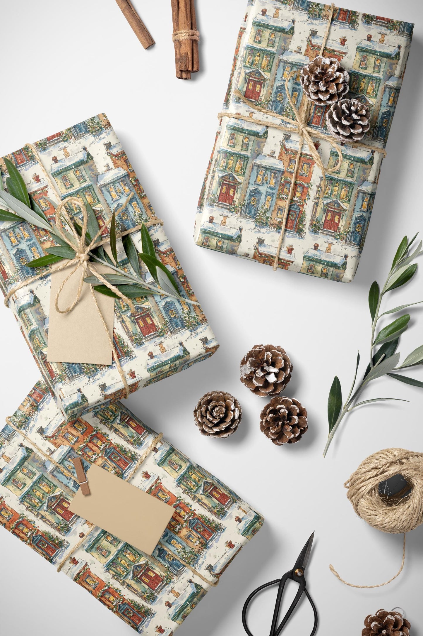 Premium Christmas Wrapping Paper Roll, Holiday Village Scene Gift Wrap with Snow and Festive Houses #2