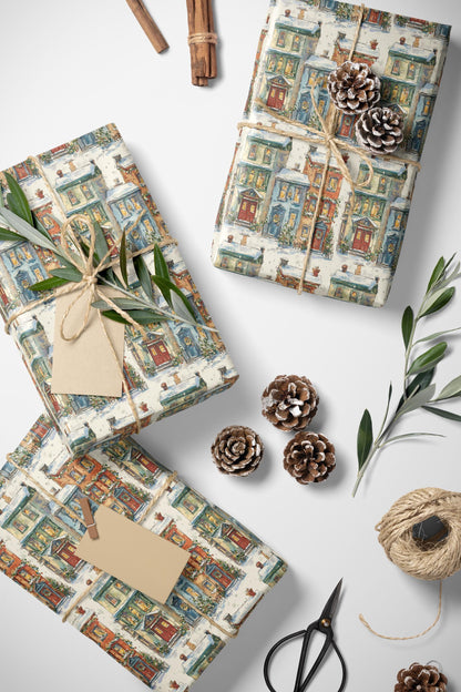 Premium Christmas Wrapping Paper Roll, Holiday Village Scene Gift Wrap with Snow and Festive Houses #2
