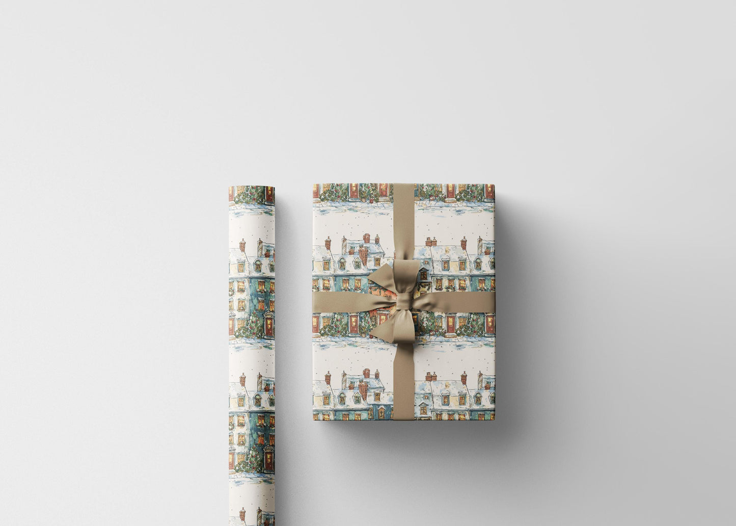 Holiday Wrapping Paper Roll with Christmas Village Design, Snowy House Gift Wrap for Winter Packaging #3