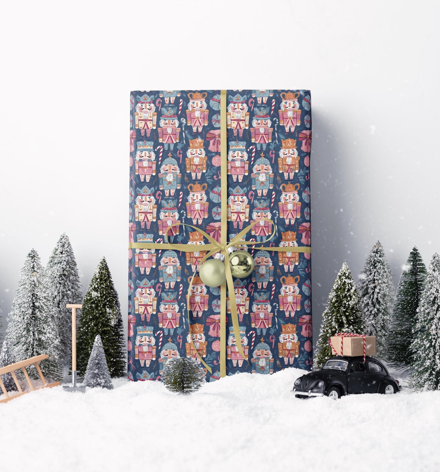 Traditional Christmas Wrapping Paper Roll with Nutcracker Figures and Holiday Ornaments #9