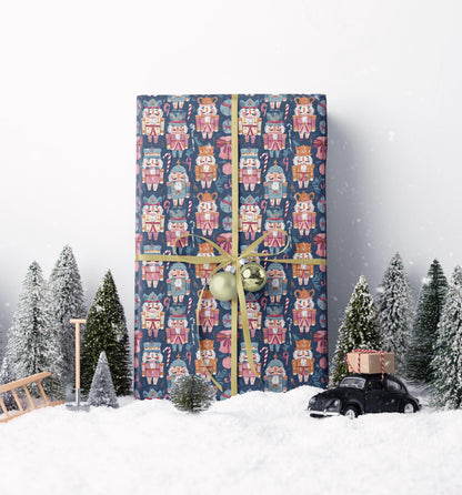 Traditional Christmas Wrapping Paper Roll with Nutcracker Figures and Holiday Ornaments #9