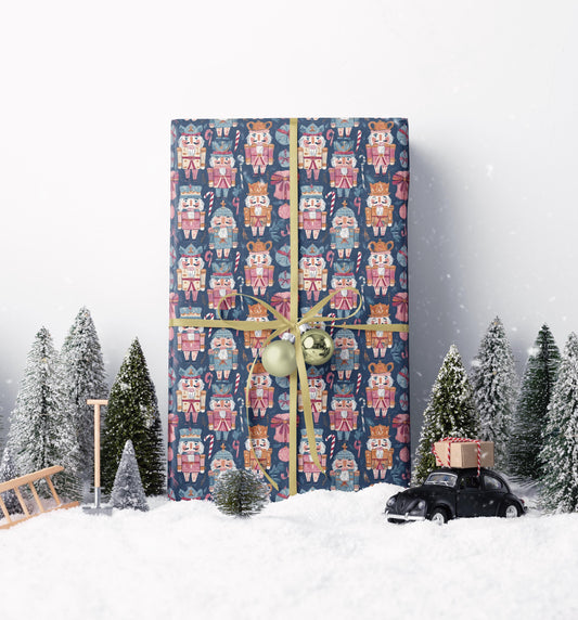 Traditional Christmas Wrapping Paper Roll with Nutcracker Figures and Holiday Ornaments #9