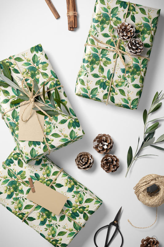 Classic Christmas Wrapping Paper Roll with Mistletoe, Vintage Watercolor Holiday Design #12