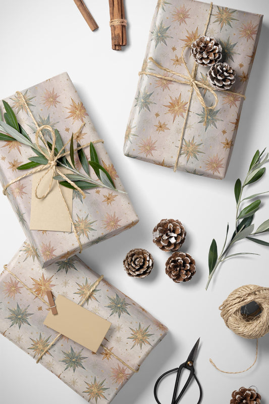 Christmas Wrapping Paper Roll, Hand-Painted Watercolor Star Design for Holiday Gift Wrapping #5