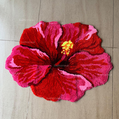 Red Hibiscus Flower Flocking Rug Floral bath mat Bath Mat Non-slip Absorbent Microfiber