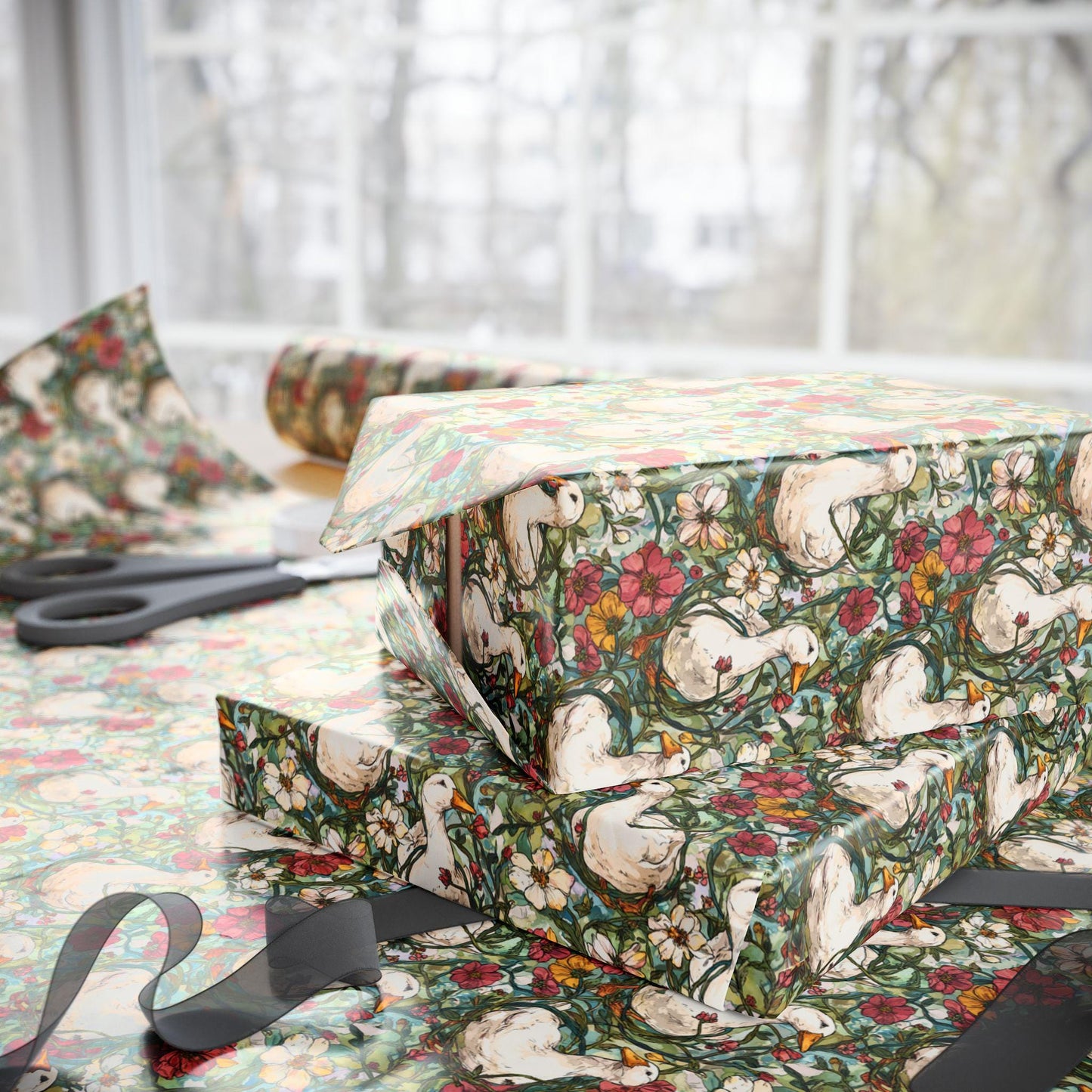 Rustic Goose and Wildflower Wrapping Paper for Mom or Grandma Birthday | Whimsical Farmhouse Baby Shower Gift Wrap for Florals Plant lovers