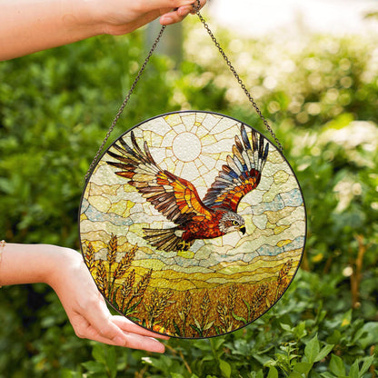 soaring hawk over golden wheat field stained glass suncatcher window decor gift for dad or nature lover