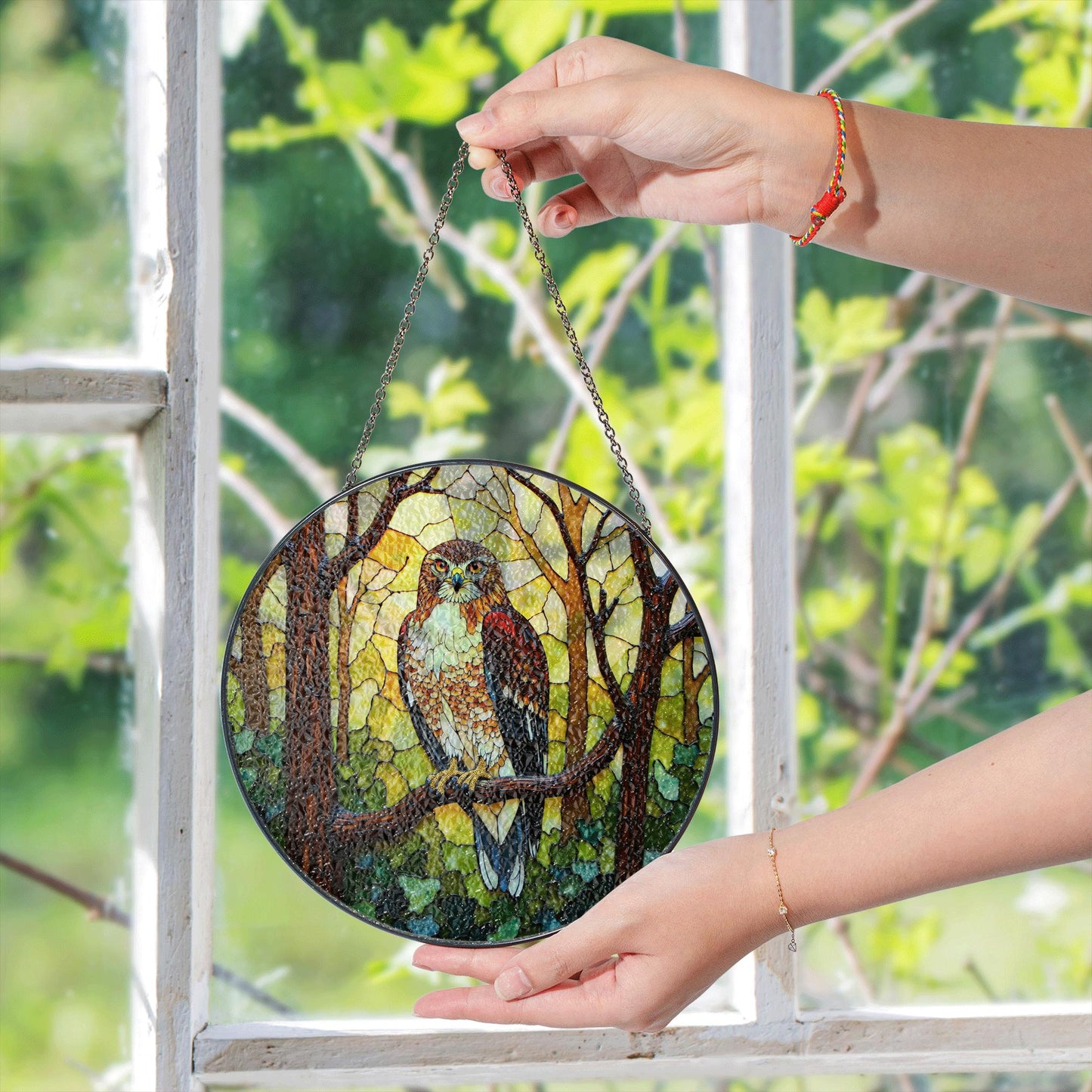 Majestic hawk in forest stained glass suncatcher bird window decor gift for dad or nature lover