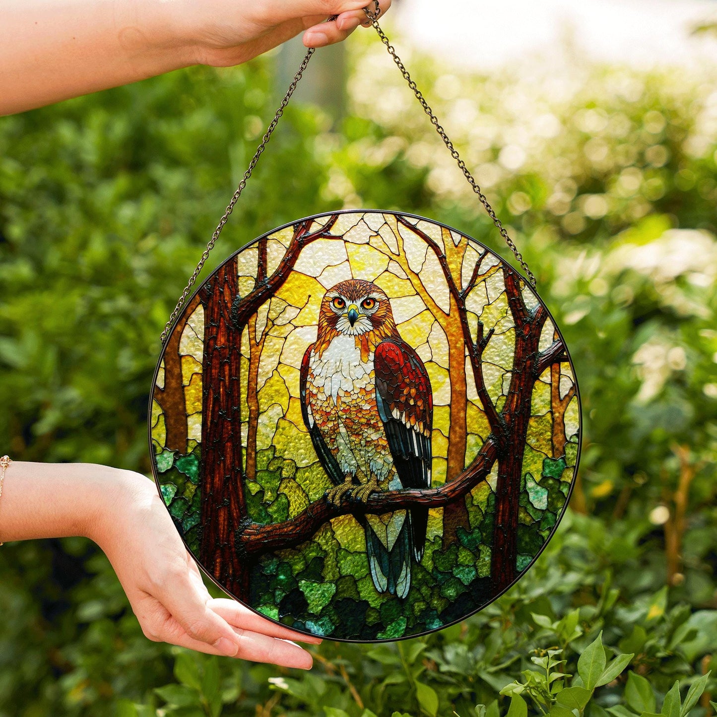 Majestic hawk in forest stained glass suncatcher bird window decor gift for dad or nature lover