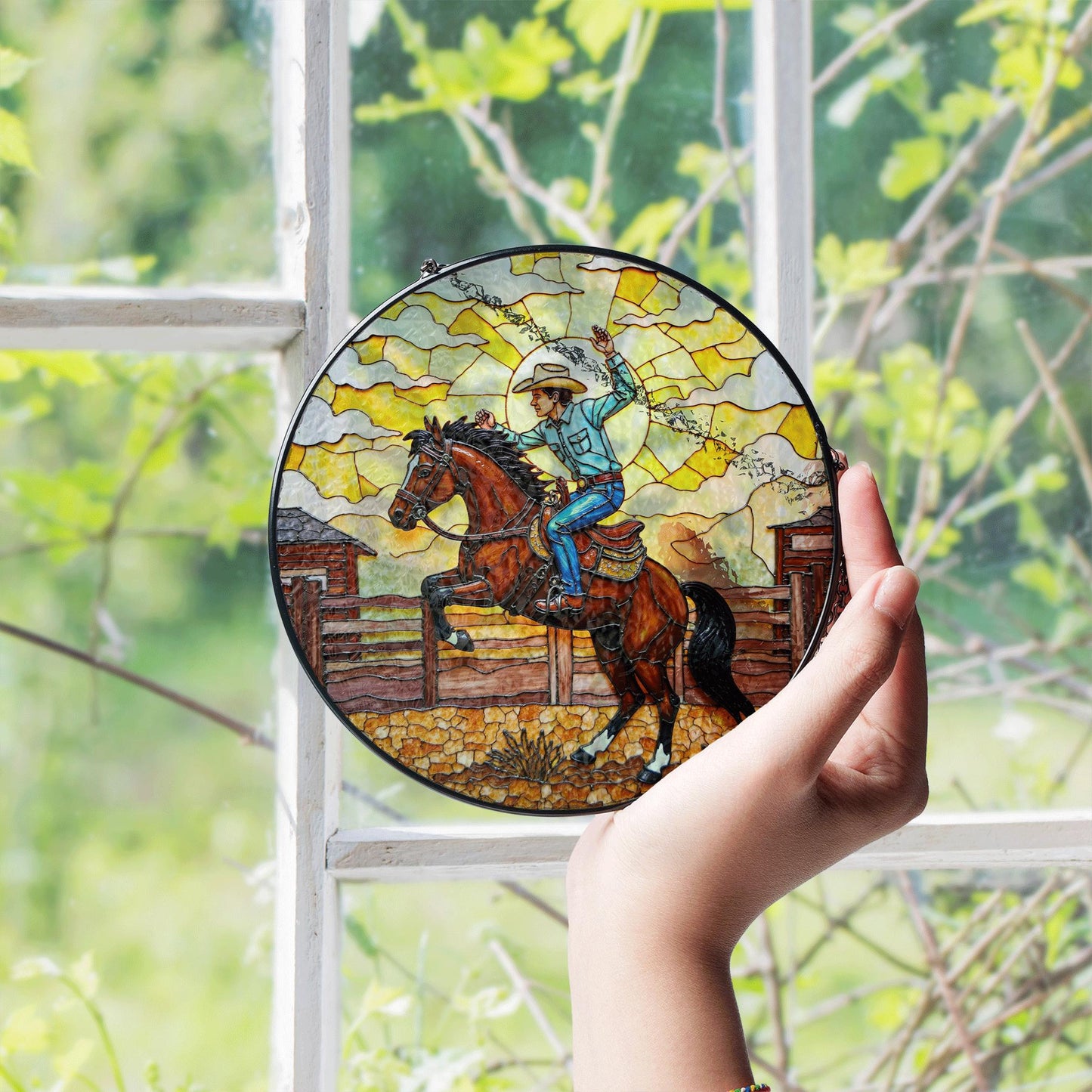 Cowboy on Horseback Stained Glass Western Suncatcher Window Art Gift for Father or Western Decor Lovers