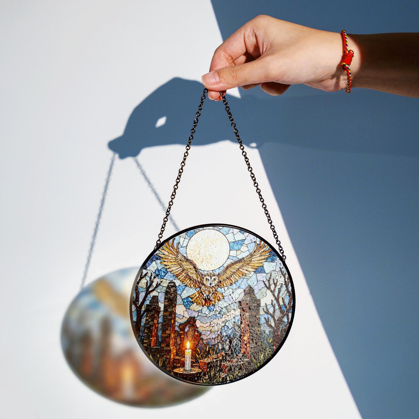 Full moon owl ruins stained glass suncatcher gothic window decor Halloween gift