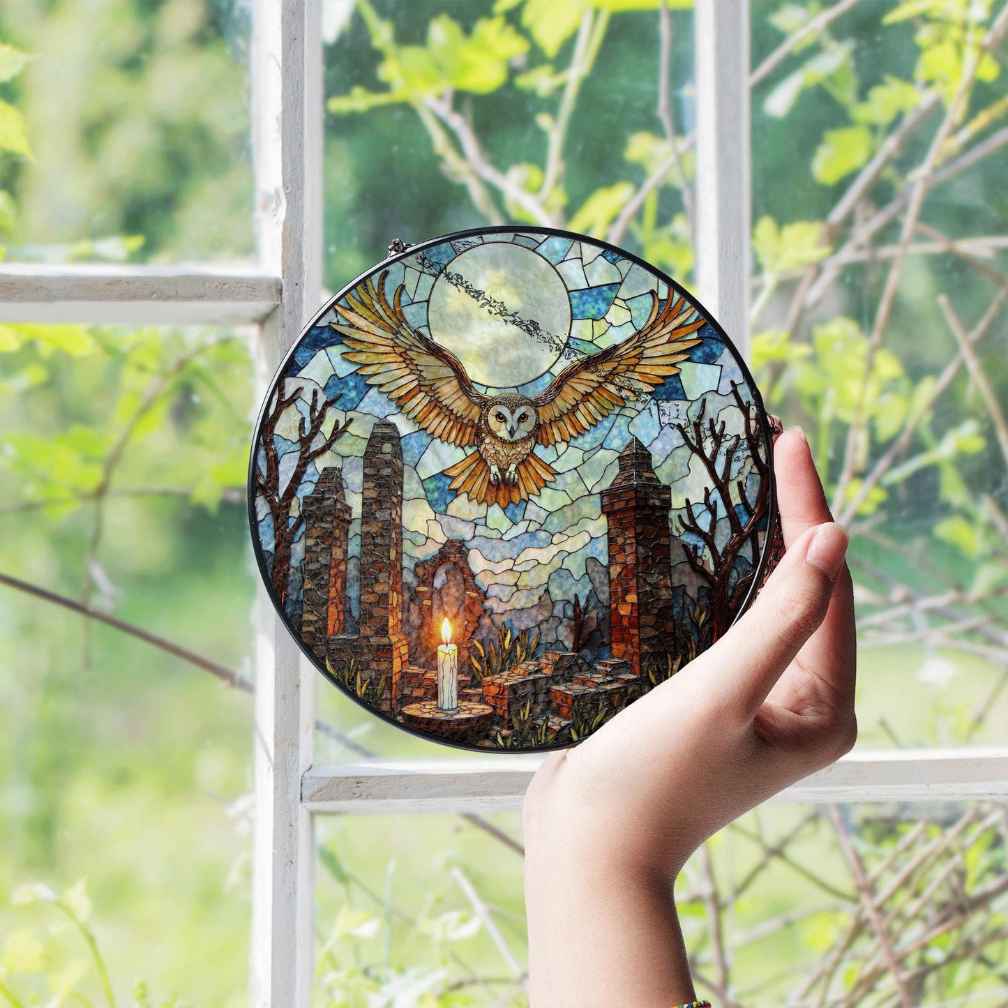 Full moon owl ruins stained glass suncatcher gothic window decor Halloween gift