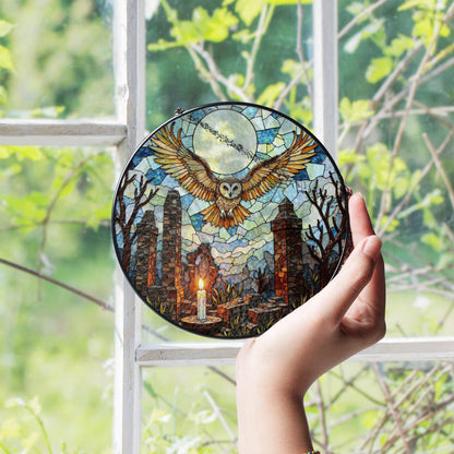 Full moon owl ruins stained glass suncatcher gothic window decor Halloween gift