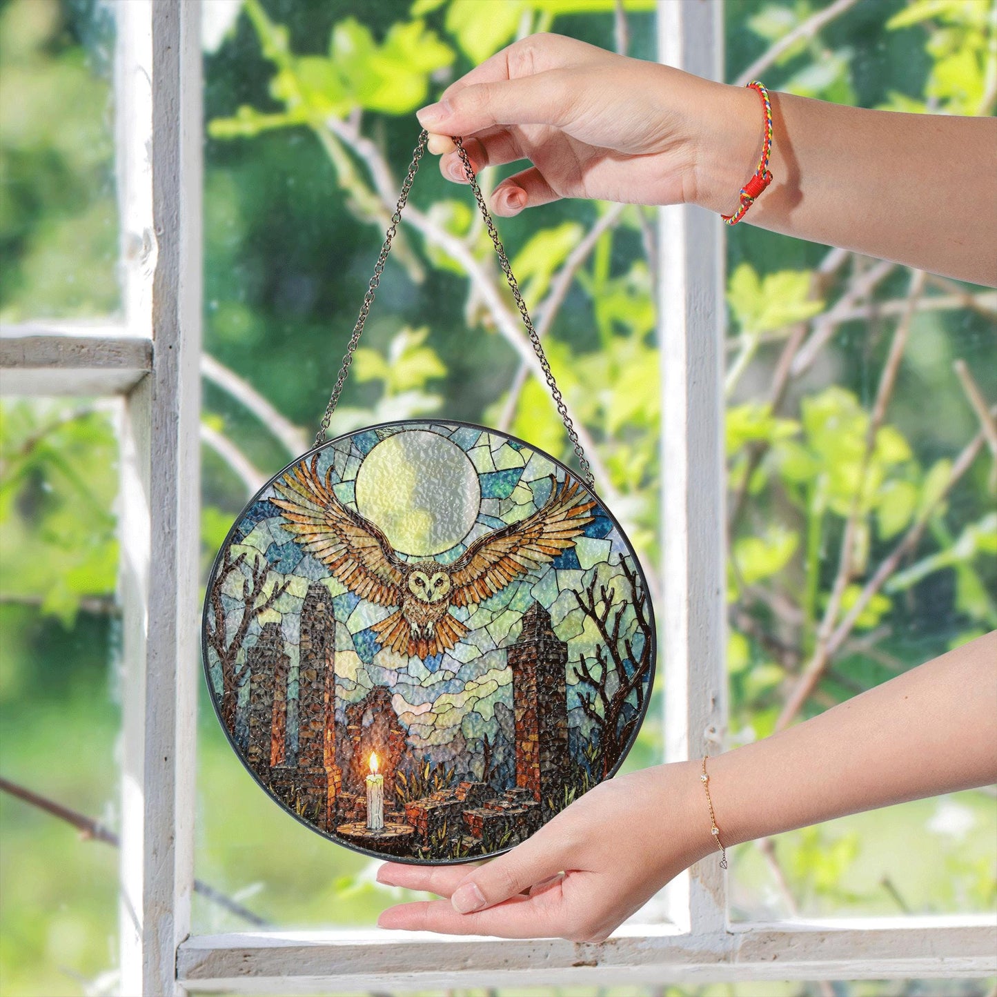 Full moon owl ruins stained glass suncatcher gothic window decor Halloween gift