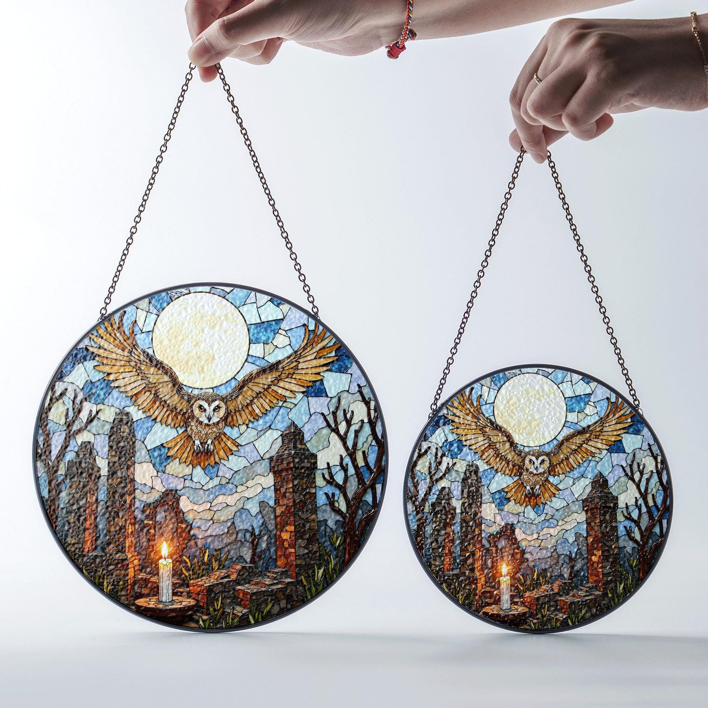 Full moon owl ruins stained glass suncatcher gothic window decor Halloween gift