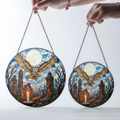 Full moon owl ruins stained glass suncatcher gothic window decor Halloween gift