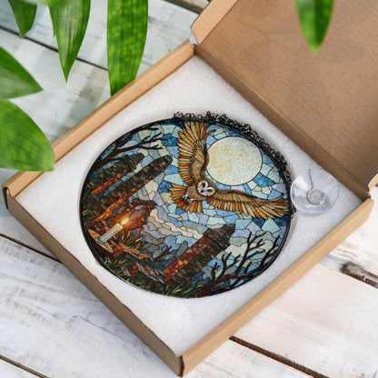 Full moon owl ruins stained glass suncatcher gothic window decor Halloween gift