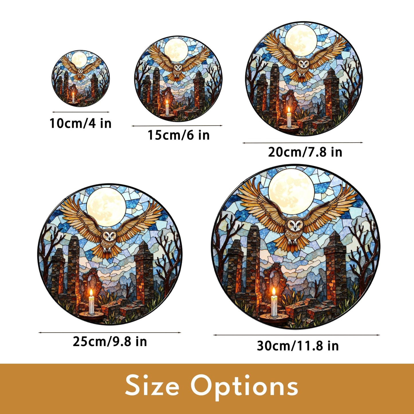 Full moon owl ruins stained glass suncatcher gothic window decor Halloween gift