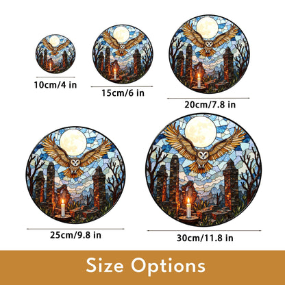 Full moon owl ruins stained glass suncatcher gothic window decor Halloween gift