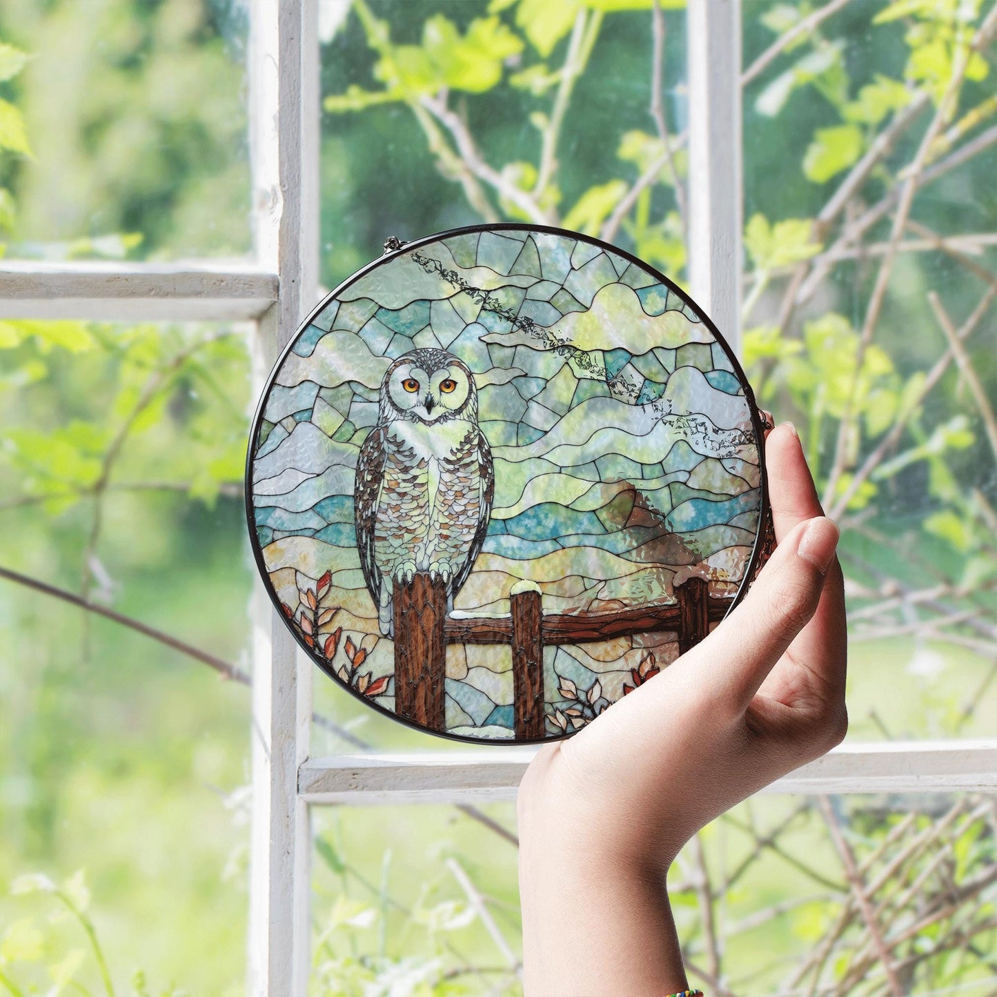 Owl perched on wooden fence stained glass suncatcher rustic window decor gift for bird lovers and nature moms