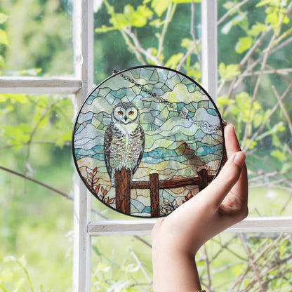 Owl perched on wooden fence stained glass suncatcher rustic window decor gift for bird lovers and nature moms