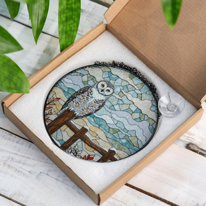 Owl perched on wooden fence stained glass suncatcher rustic window decor gift for bird lovers and nature moms