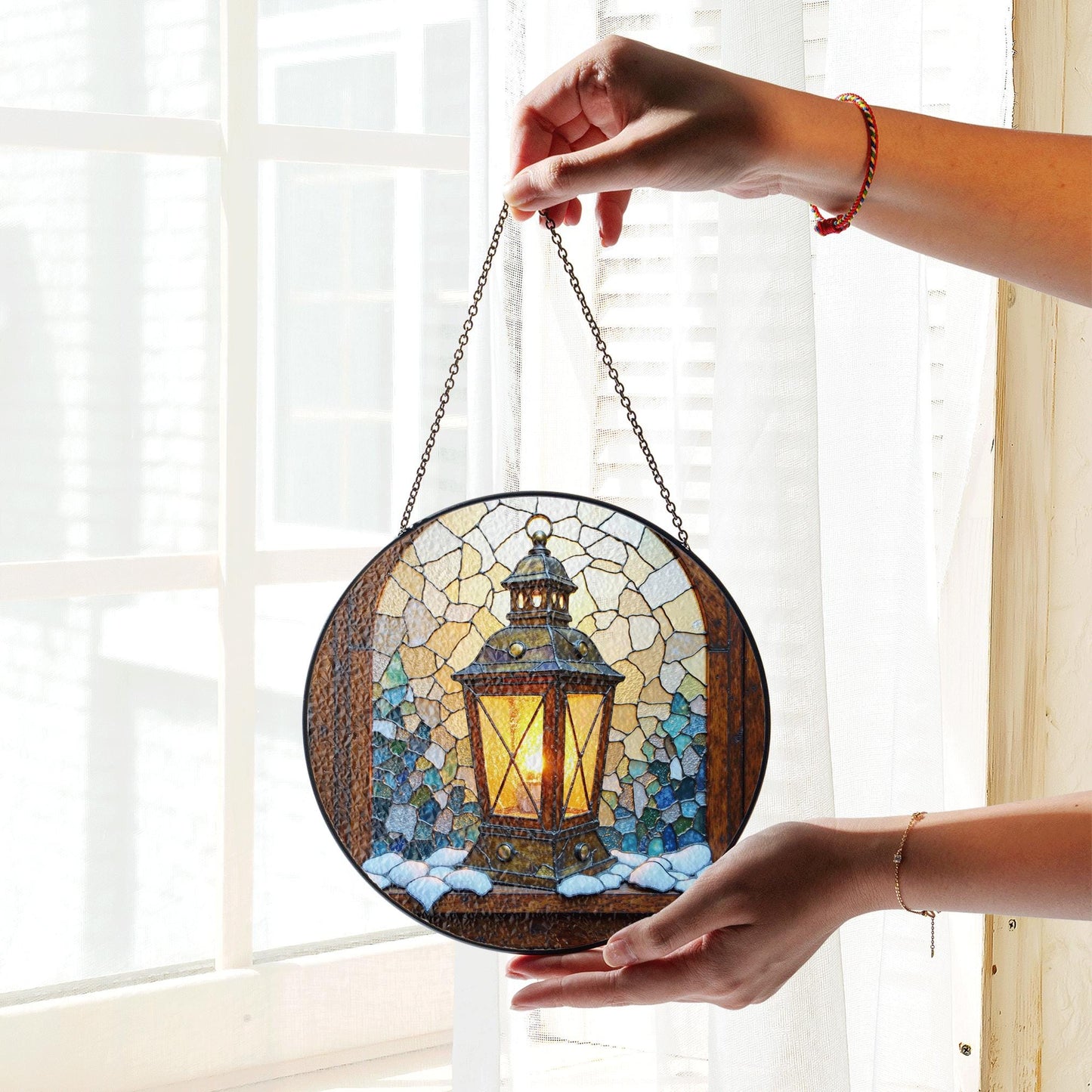 Snowy Lantern Stained Glass Window Suncatcher Winter Decor Christmas Gift for Mom or Holiday Gift for Her